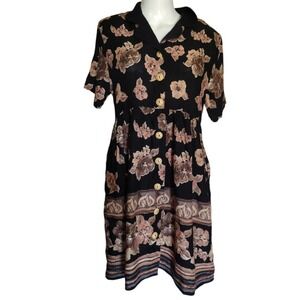 VTG Cascais Mini‎ Dress Women M Black Floral Short Sleeve Button Up Collared